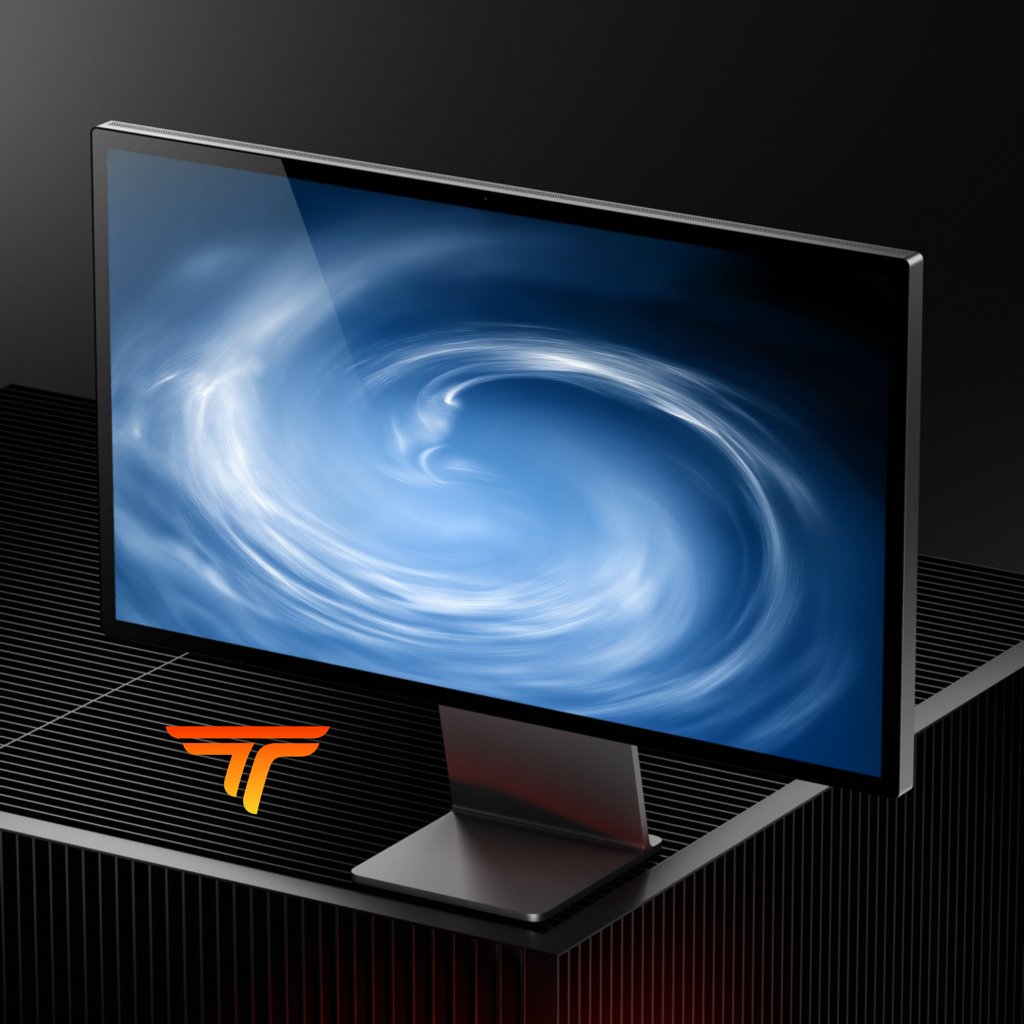 Azure Mist Spiral wallpaper shown on a 16:9 monitor, with the orange Time Travel Walls logo on the desk