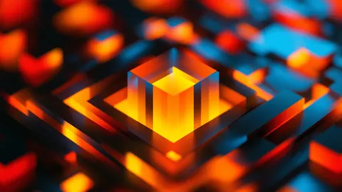 A glowing amber cube sits at the center of stepped blocks in orange and blue, like a light at the heart of a grid.