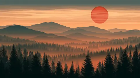 Layered orange mountain ridges under a red setting sun, with dark pine forest in the foreground.
