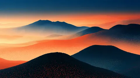 Layered dark hills fade into an orange and amber haze, drawn in a fine stippled texture.