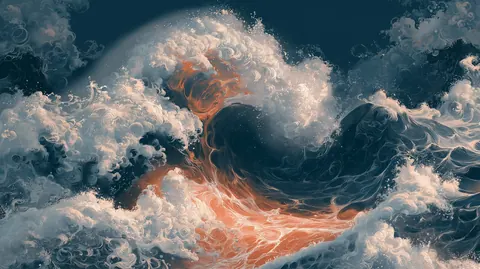 A storm of white surf twists into a whirl over dark water, with a streak of amber running through the middle.