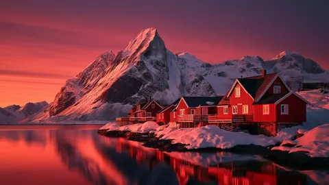 Red cabins sit on a snowy shore below a pink-lit mountain, mirrored in calm water.