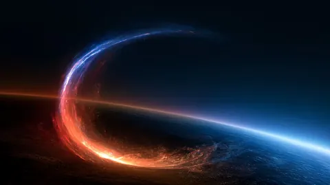 A ring of fiery orange and electric blue light sweeps over the curved edge of a planet at night.