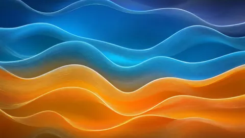 Smooth waves of azure blue roll over a warm amber layer, with thin bright lines tracing each crest.