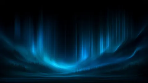 Vertical curtains of azure light hang over a dark landscape, like an aurora seen through a cold mist.
