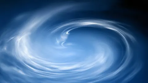 Abstract artwork in a wide 16:9 frame, featuring azure, mist and spiral.