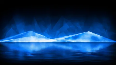 Soft blue glowing peaks reflected in still water against a dark background.