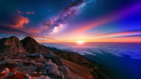 The Milky Way arcs over a rocky mountaintop as the sun sets beyond a sea of clouds.