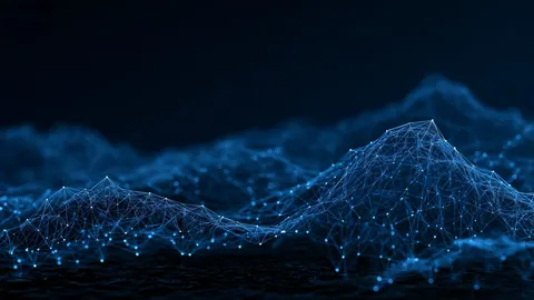 Mountain-like peaks made of a glowing blue wireframe mesh on a dark background.