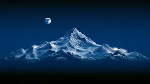 A snow-covered mountain peak stands under a deep blue sky with a small moon above it.