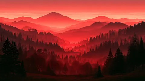 Layers of red mountain ridges and dark pine forests fade into a red sky.