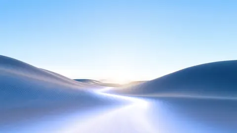 Smooth pale-blue dunes roll toward a soft white glow on the horizon.