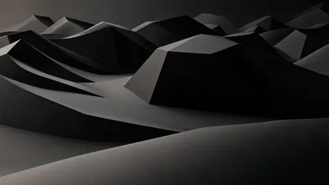 Angular charcoal peaks rise from a smooth gray plain, built from flat faceted planes.