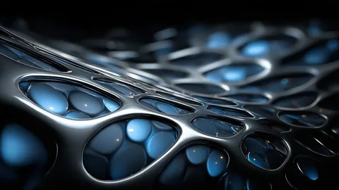 A curved chrome lattice holds rows of blue glassy cells, shot close with a shallow focus.