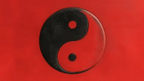 A dark textured yin-yang symbol on a red background.