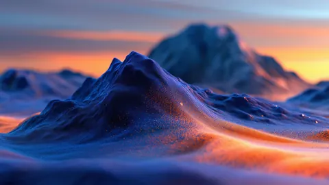 A soft blue mountain peak glows with orange light at sunset, in a smooth, dreamlike close-up.