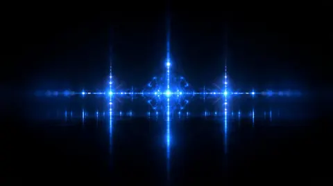 Thin columns of cobalt-blue light flare out of the dark, mirrored left and right like a pulse on a screen.