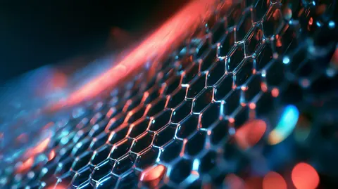 A close-up of a glowing hexagon mesh, lit in blue and red with blurred light behind it.