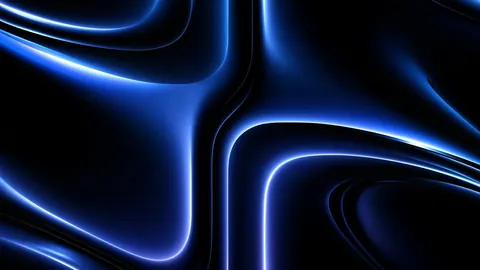 Glowing cobalt lines bend through deep black folds, like light caught in dark silk.