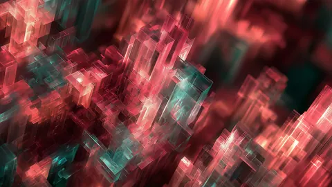 Coral and teal glass blocks tumble through the frame, lit from within like crystals.