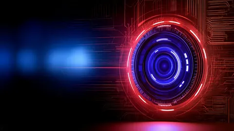 A glowing blue lens ringed in red light, with circuit lines spreading out to the right.