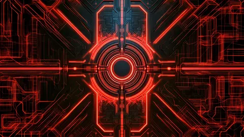 Red circuit paths lead in from every side to a glowing ringed core at the center.