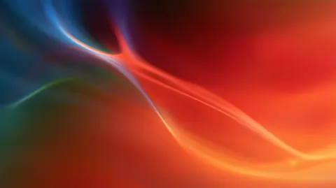 Thin curves of white and teal light cross a soft red-orange gradient.