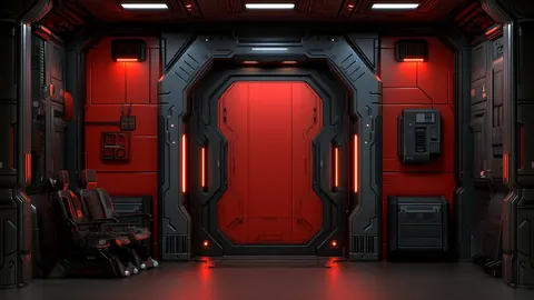 A sealed red blast door stands at the end of a dark sci-fi bay, framed by steel panels, crew seats and red trim lights.