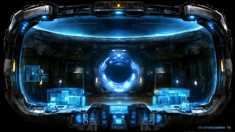 Architecture artwork in a wide 16:9 frame, featuring cyan, cockpit and glow.