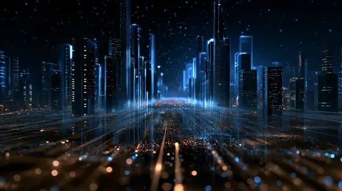 Glowing towers of blue light rise from a dark digital city, with streams of amber data running toward the center.