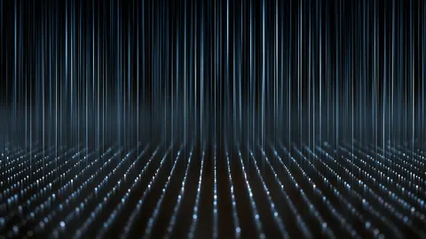 Thin lines of pale light fall like rain onto a grid of tiny glowing points.