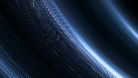 Long arcs of blue and white light sweep diagonally across black, curving like threads in motion.