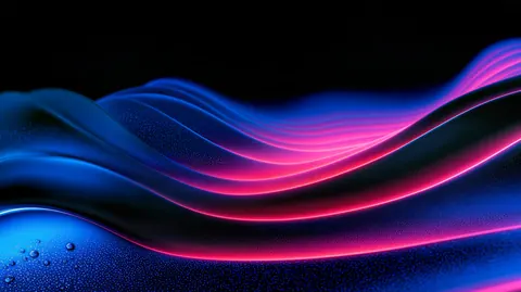 Layered waves in electric blue and hot pink roll across the frame, edged with bright light.