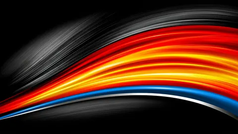 A wide ribbon of red, orange and yellow light with blue and gray edges sweeps across black.