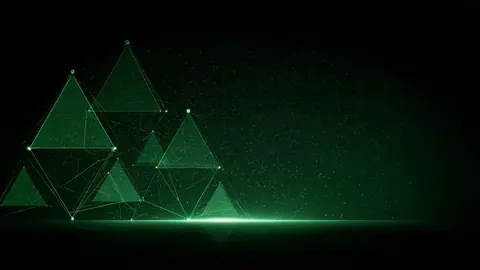 Green wireframe triangles glow on the left side of a dark, speckled green background.