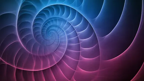 A spiral of curved shells winds inward, shading from blue to magenta like a nautilus.