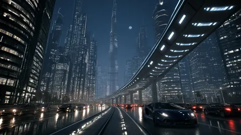 Architecture artwork in a wide 16:9 frame, featuring fog, tower and skyway.