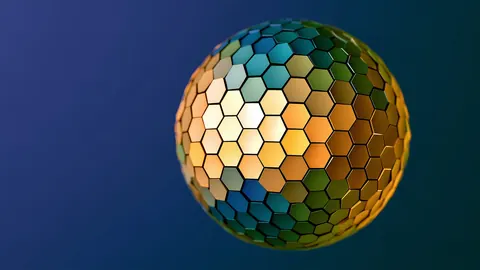A sphere covered in gold, green and blue hexagon tiles floats on a dark blue background.