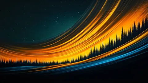 Sweeping arcs of golden and blue light curve over the silhouette of a pine forest at night.