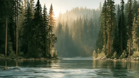 Tall pines line a still river while golden morning mist drifts through the trees.