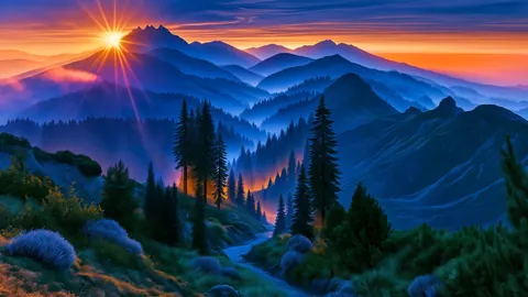 The sun bursts over a ridge of indigo mountains, lighting pine trees and a valley of blue wildflowers.