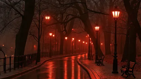 A wet park path at night lined with glowing street lamps, benches and dark trees.