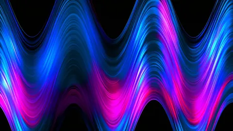 Bands of magenta and cyan light ripple across black in a smooth repeating wave.