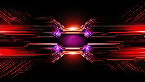 Red and magenta energy lines converge on a glowing hexagonal core between two mirrored circuits.