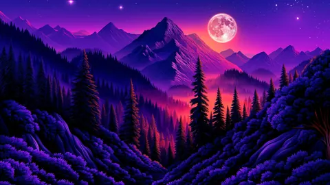 A full moon rises over violet mountains and a purple pine valley, painted in bold neon tones.