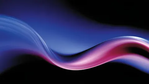 A soft ribbon of violet, blue and pink light sweeps across a black background.