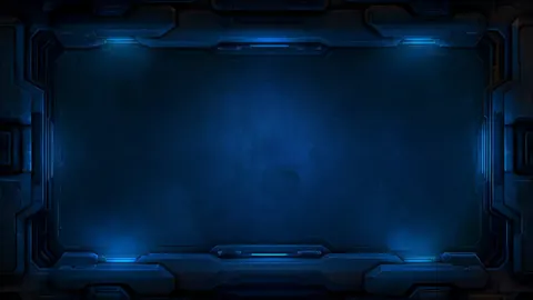 A wide midnight-blue bulkhead wall is lit from below by cool blue lights, like the inside of a quiet hangar.