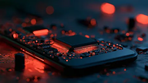 A close-up circuit board in deep shadow, with a central chip and tiny components lit by glowing red highlights.