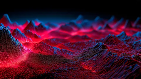 A field of jagged faceted peaks glows hot red and blue, like a mountain range drawn in neon.