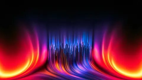 Streams of red, orange, blue and violet light pour downward and curl outward at the edges.